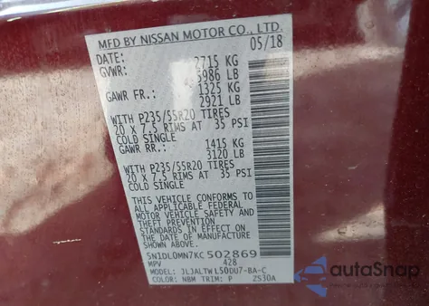 2019 Infiniti Qx60 Luxe z USA, uszkodzony, nr VIN 5N1DL0MN7KC502869